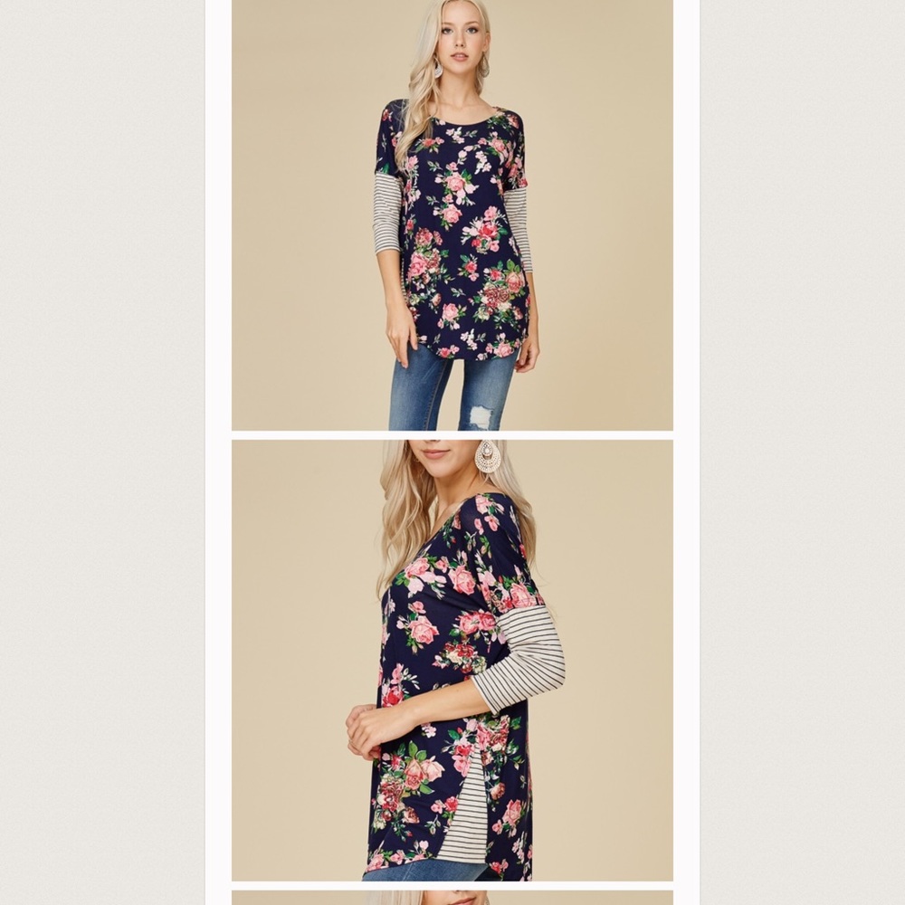 NEW  NAVY RAGLAN MIXED PRINT ROSE TOP - Picture 3 of 4